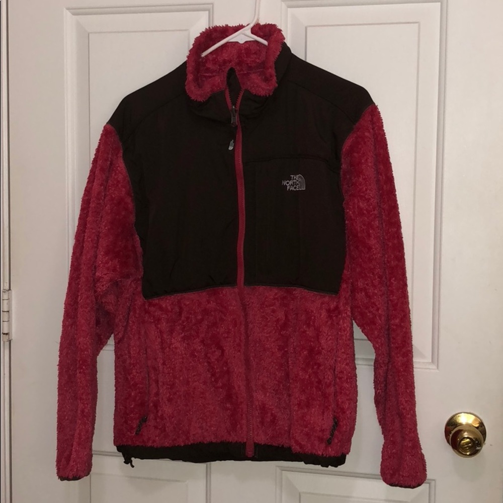 Pink and brown fuzzy Denali Northface Jacket
